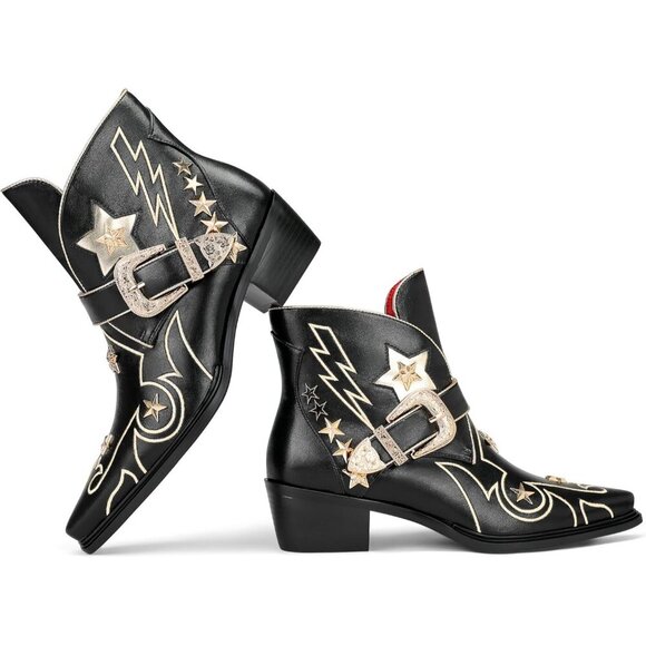 🆕Women’s Western Ankle Boots Black Polyurethane Star Embroidered Cowgirl Buckle - Picture 7 of 7